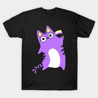 Nonbinary Pride Flag Waving Purple Cat Queer LGBTQIA non binary T-Shirt